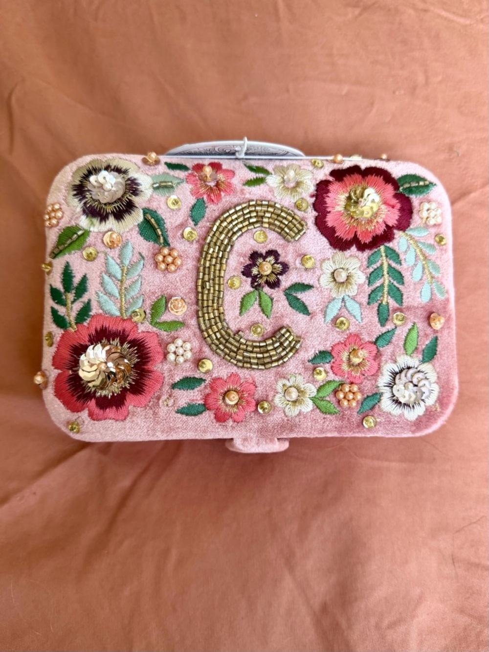Pink Floral Embellished Jewelry Box with Gold 'C' Accent